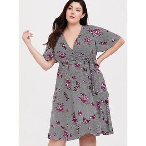 NWOT TORRID Striped Acas Black Floral Challis Faux Wrap Dress in Deep Black 1